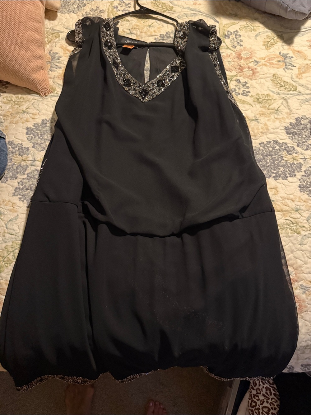 J Kara Black Beaded V-Neck Cocktail Dress